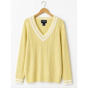 Chaps Classics Vintage Buttery Yellow Varsity Stripe Trim Cable Knit Sweater
